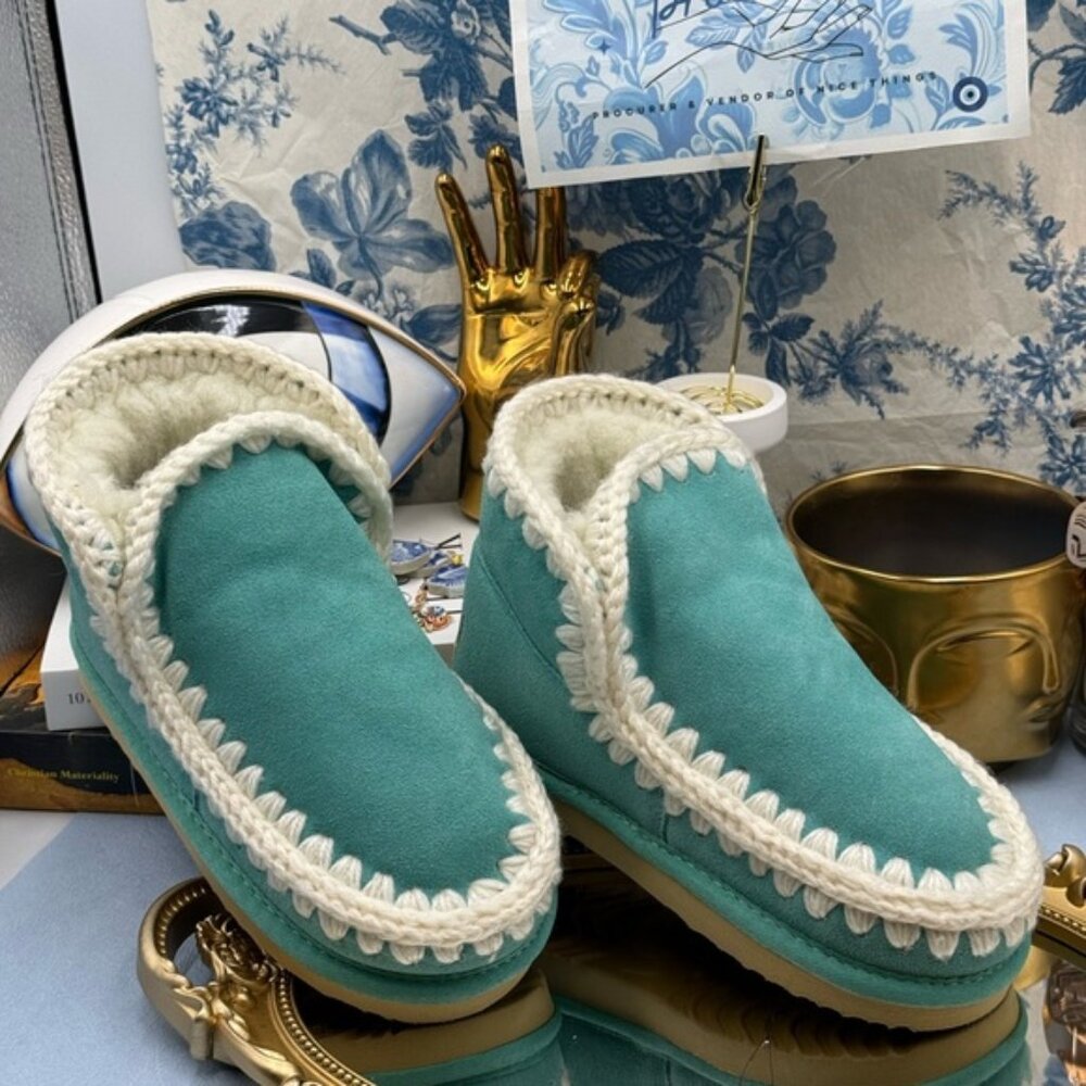 🆕 MOU 🧿 NWT WOB Teal Eskimo Ankle Boot, Cream Crochet Overstitch, Sz EU 35